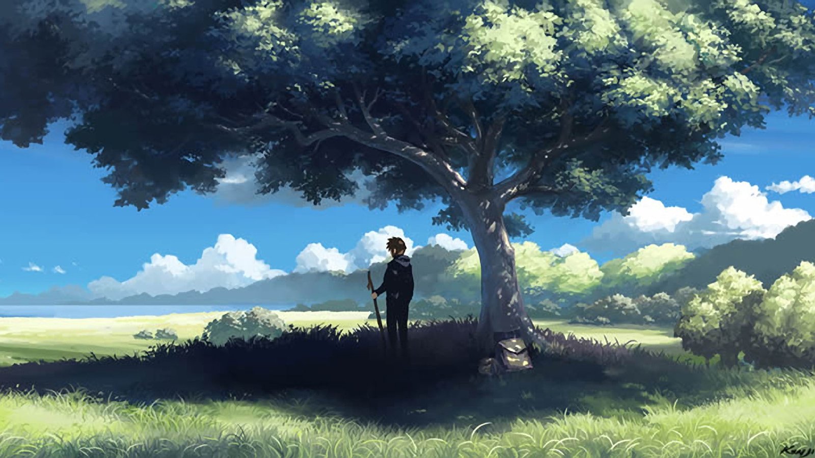 anime grass sky landscape field meadow clouds summer 2k