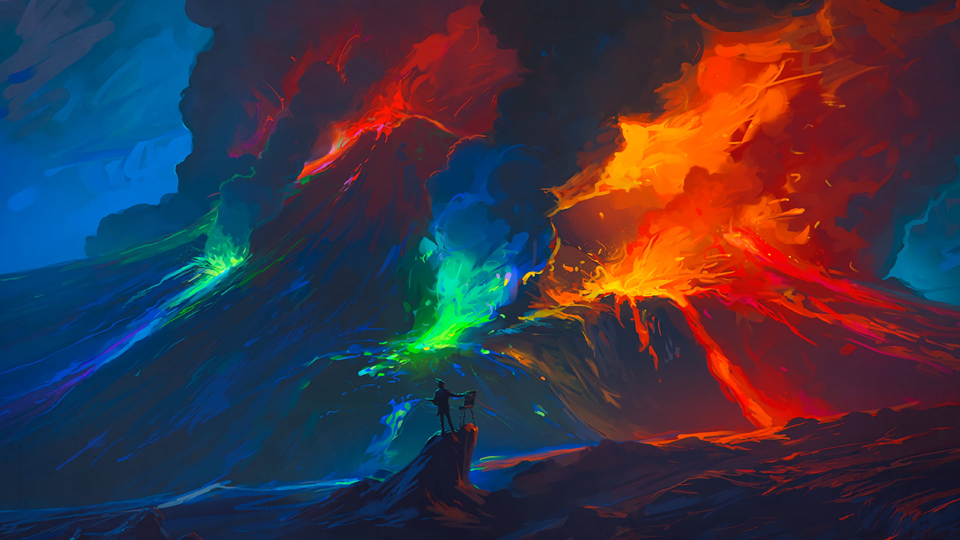 erupting volcano wallpaper illustration of digital art 2k