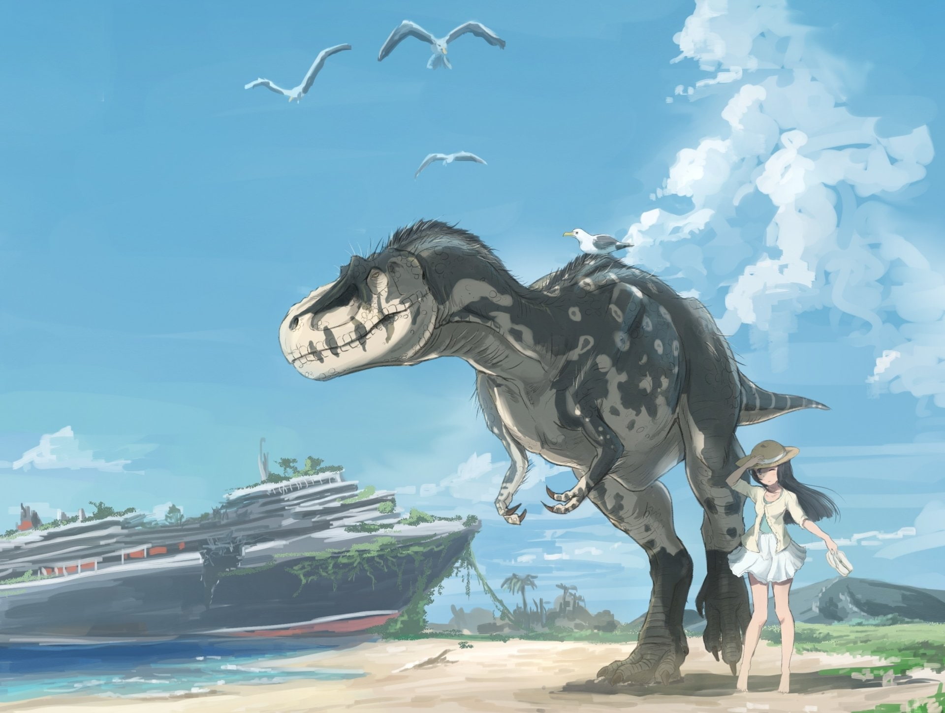 Anime Original Beach Cruise Ship Dinosaur Girl Tyrannosaurus Rex 2k