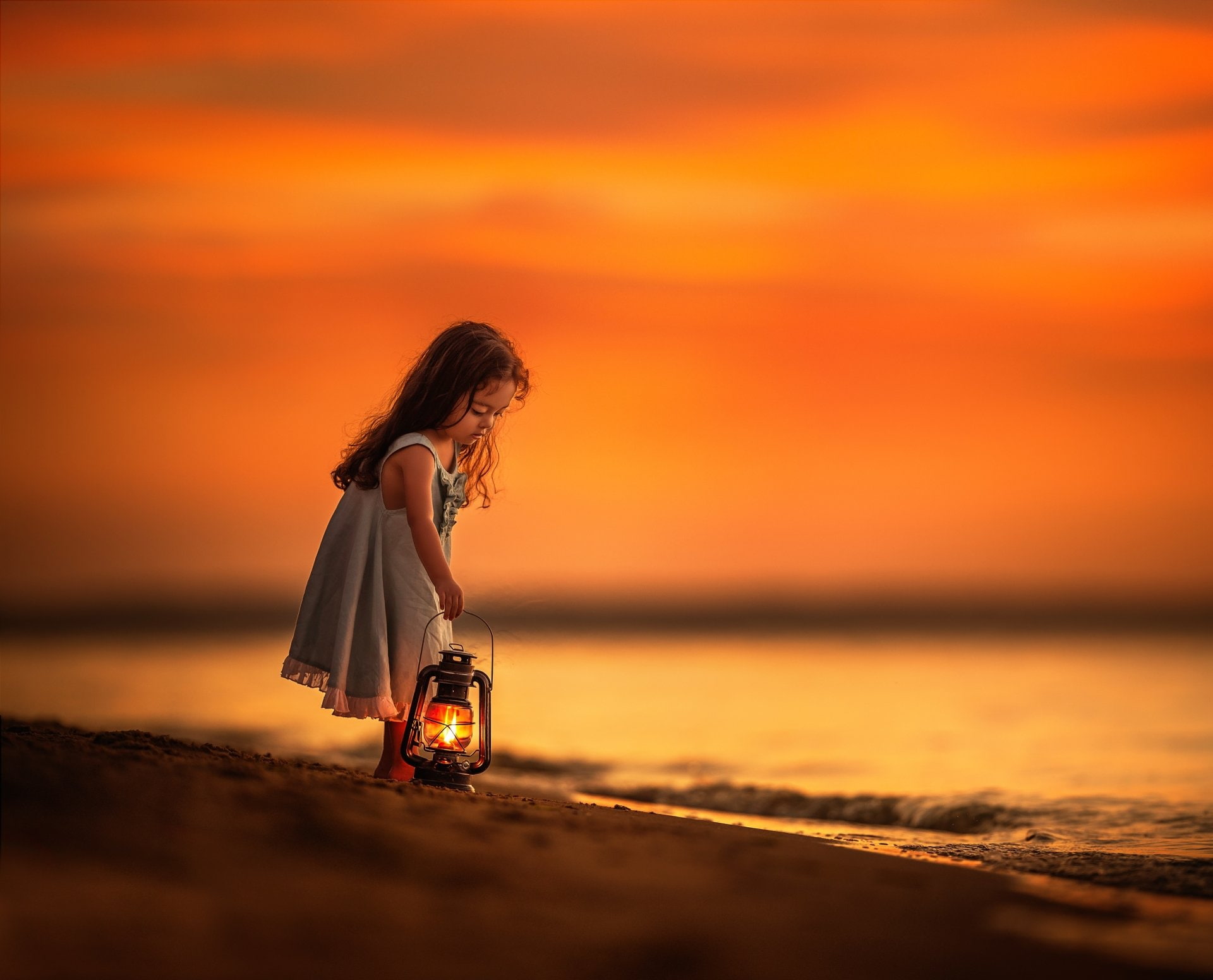 Photography Child Beach Cute Lantern Little Girl Sunset 2k