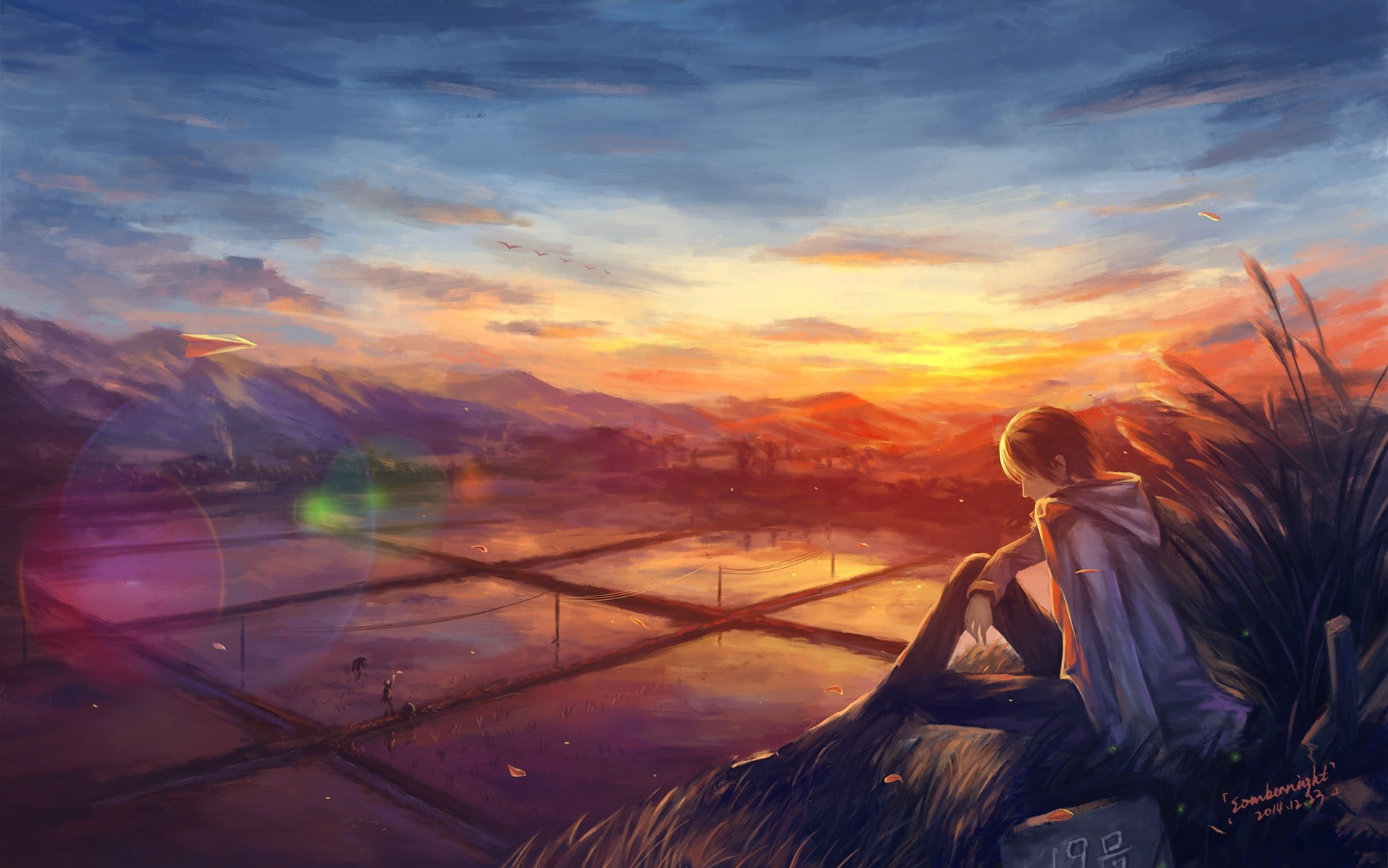 sitting in grass male anime character sunset rice paddy artwork 2k