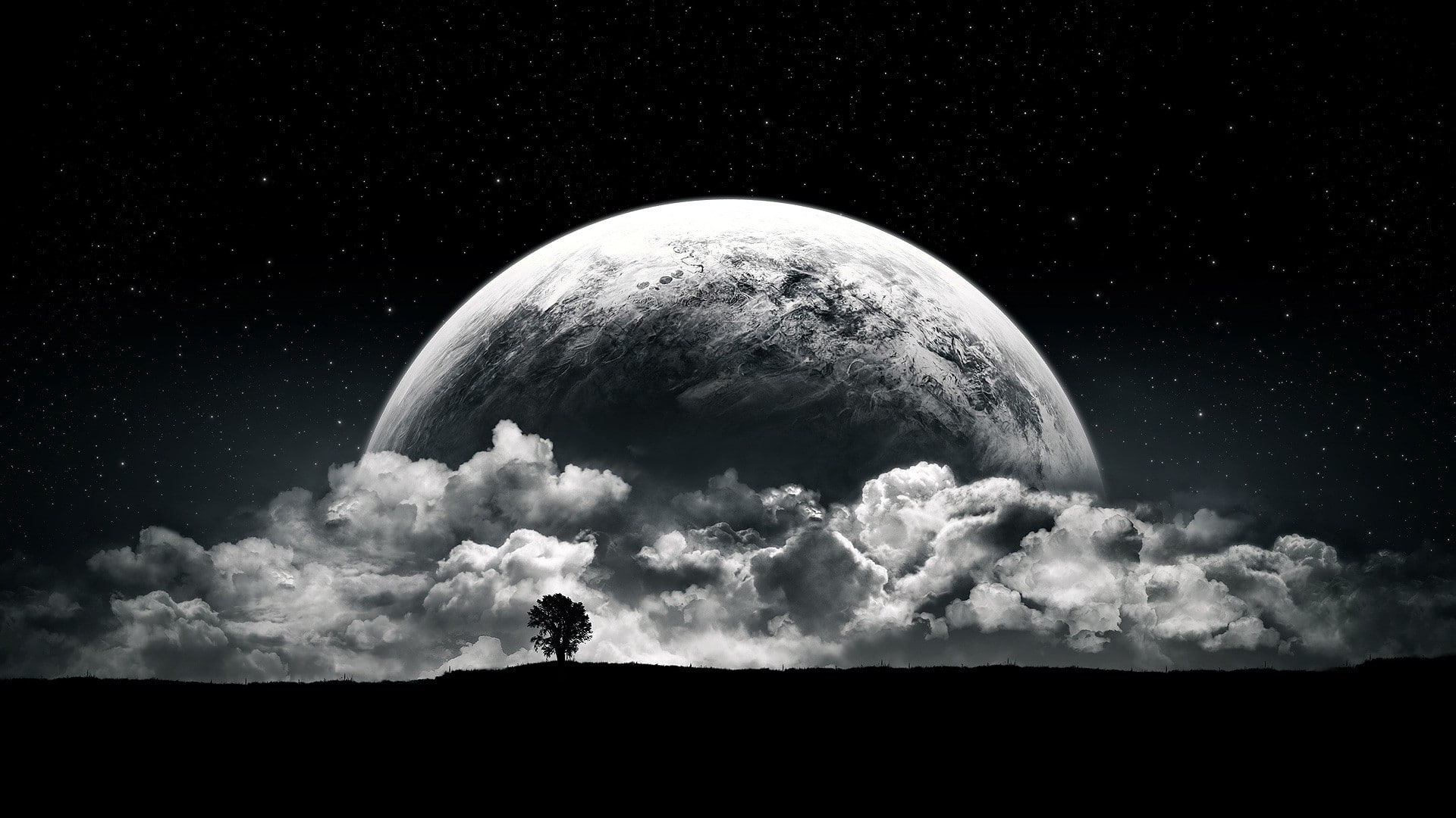 planet Moon clouds stars night black white space monochrome 2k