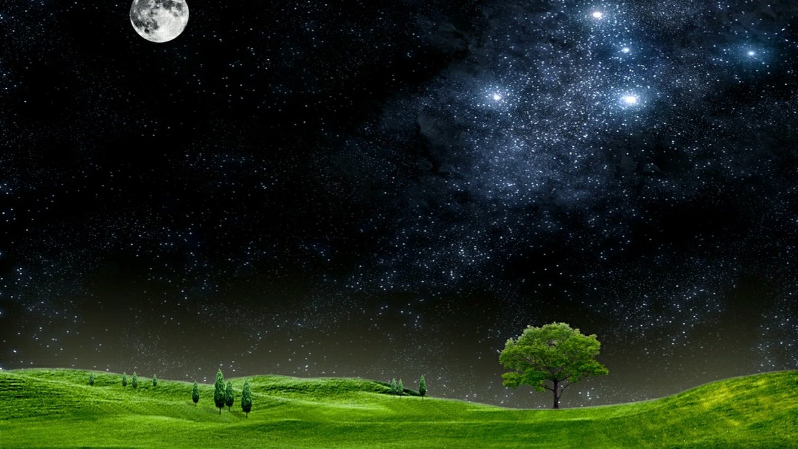 astronomical object night sky rolling hill field grass 2k
