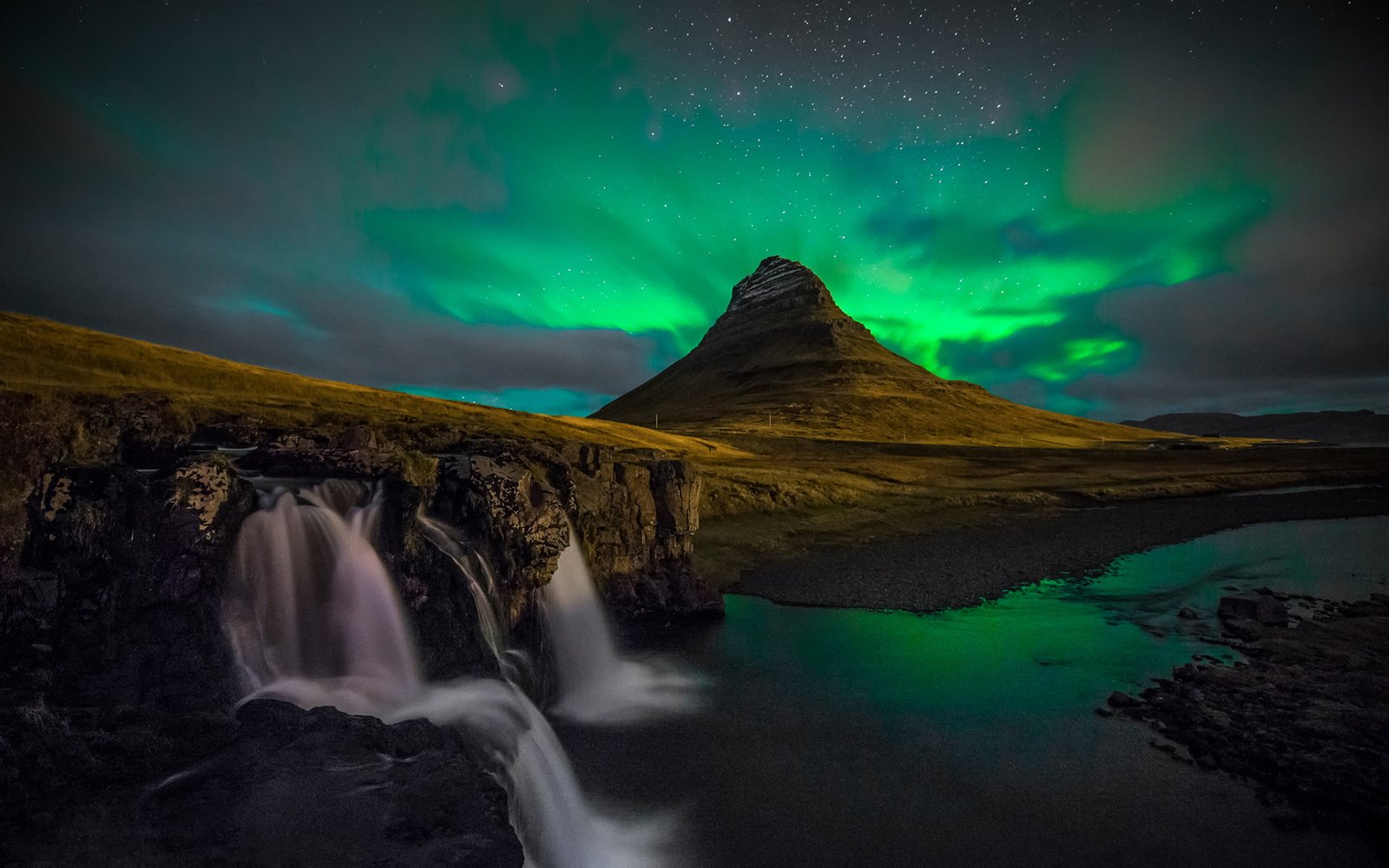 Aurora Borealis Northern Lights Night Green Stars Landscape Waterfall River Mountain HD 2k