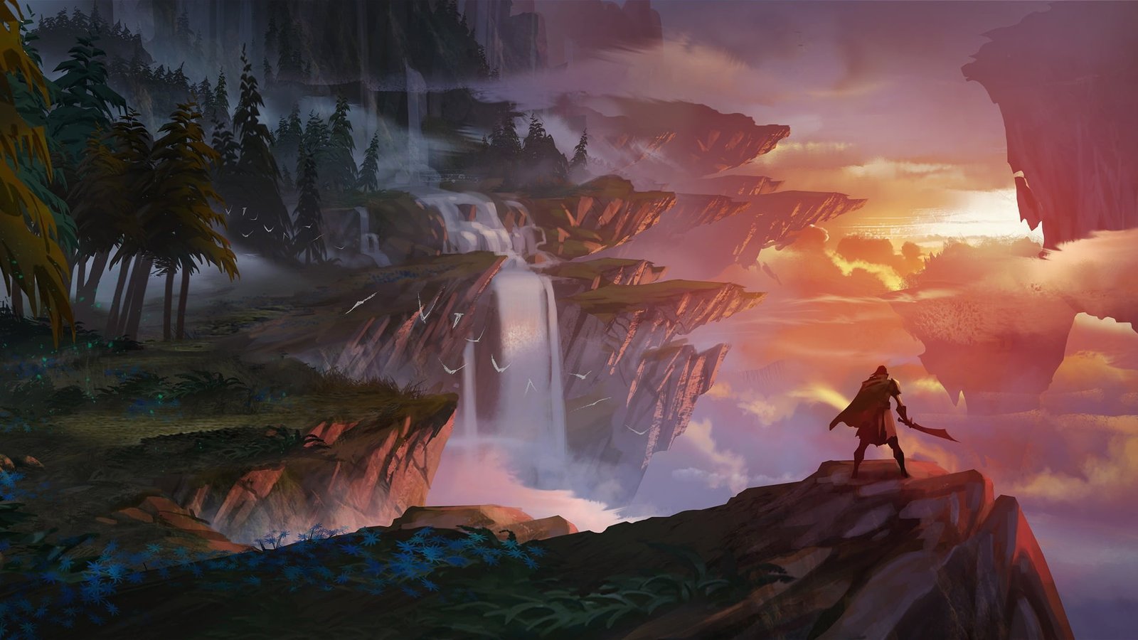 sword fantasy forest twilight river sky trees landscape 2k