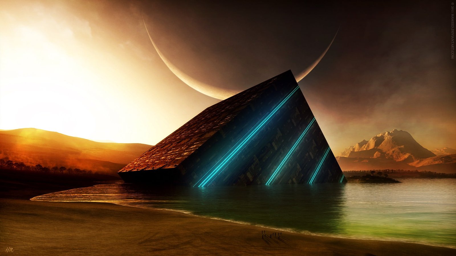 seashore digital painting sunset abstract Moon science fiction 2k