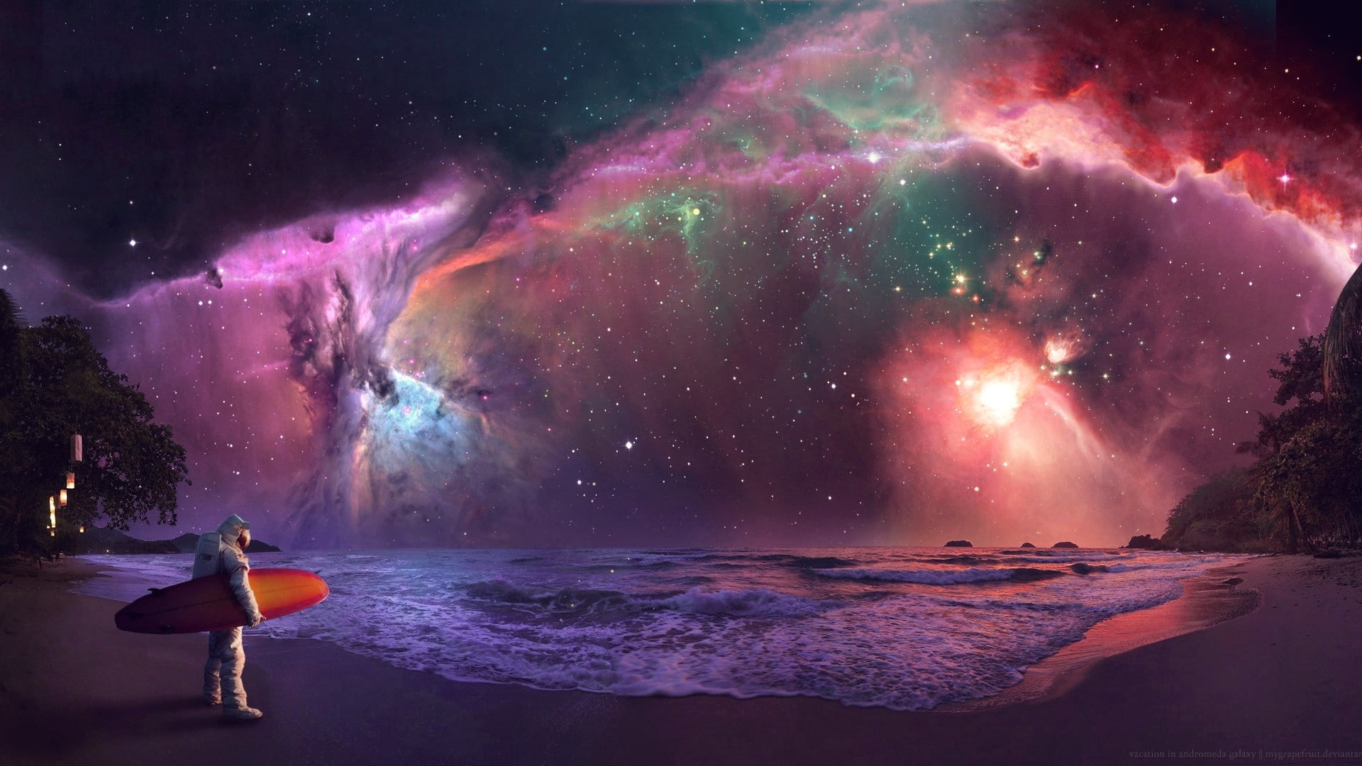 beach outer space stars waves galaxies nebulae surfing lakes surfers cosmic astronaut w Nature Beaches HD Art 2k