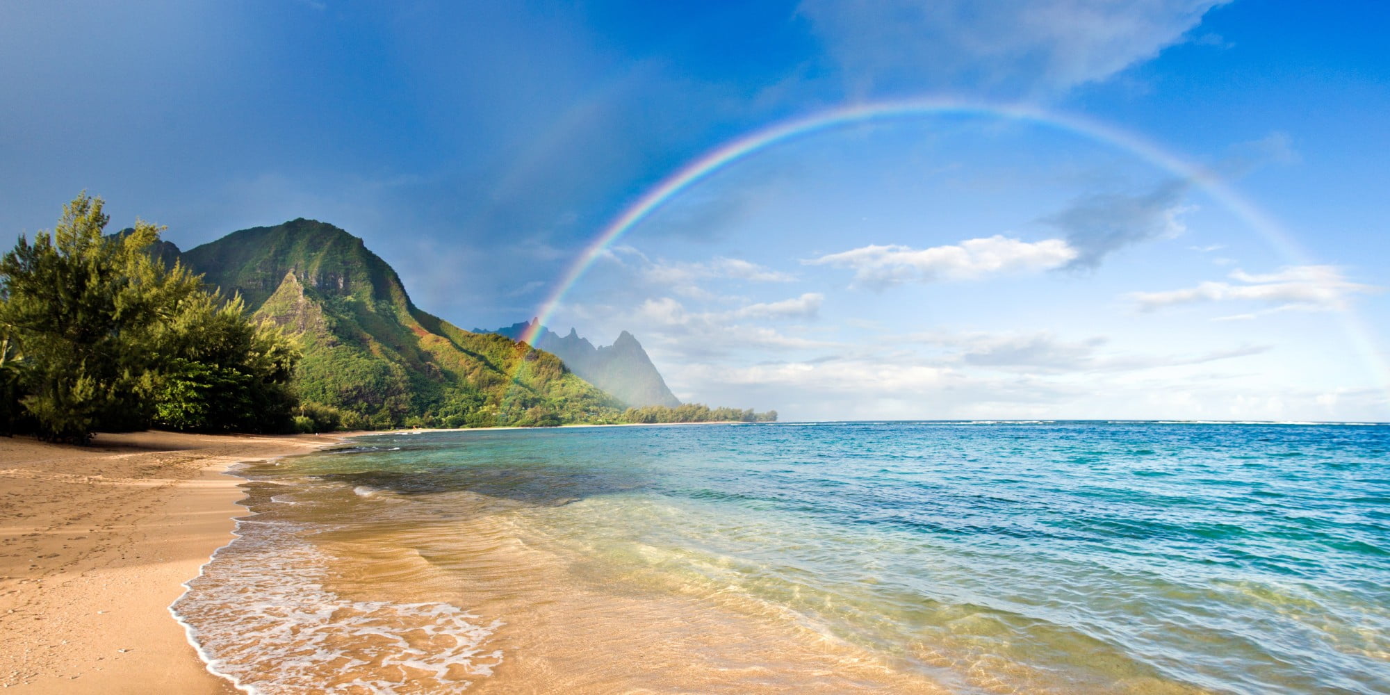 beach rainbows sea mountains trees sand Hawaii island 2k