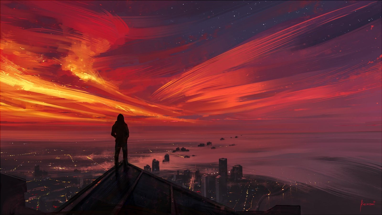 silhouette of man on roof digital wallpaper person standing top building with a view city during sunset 2k