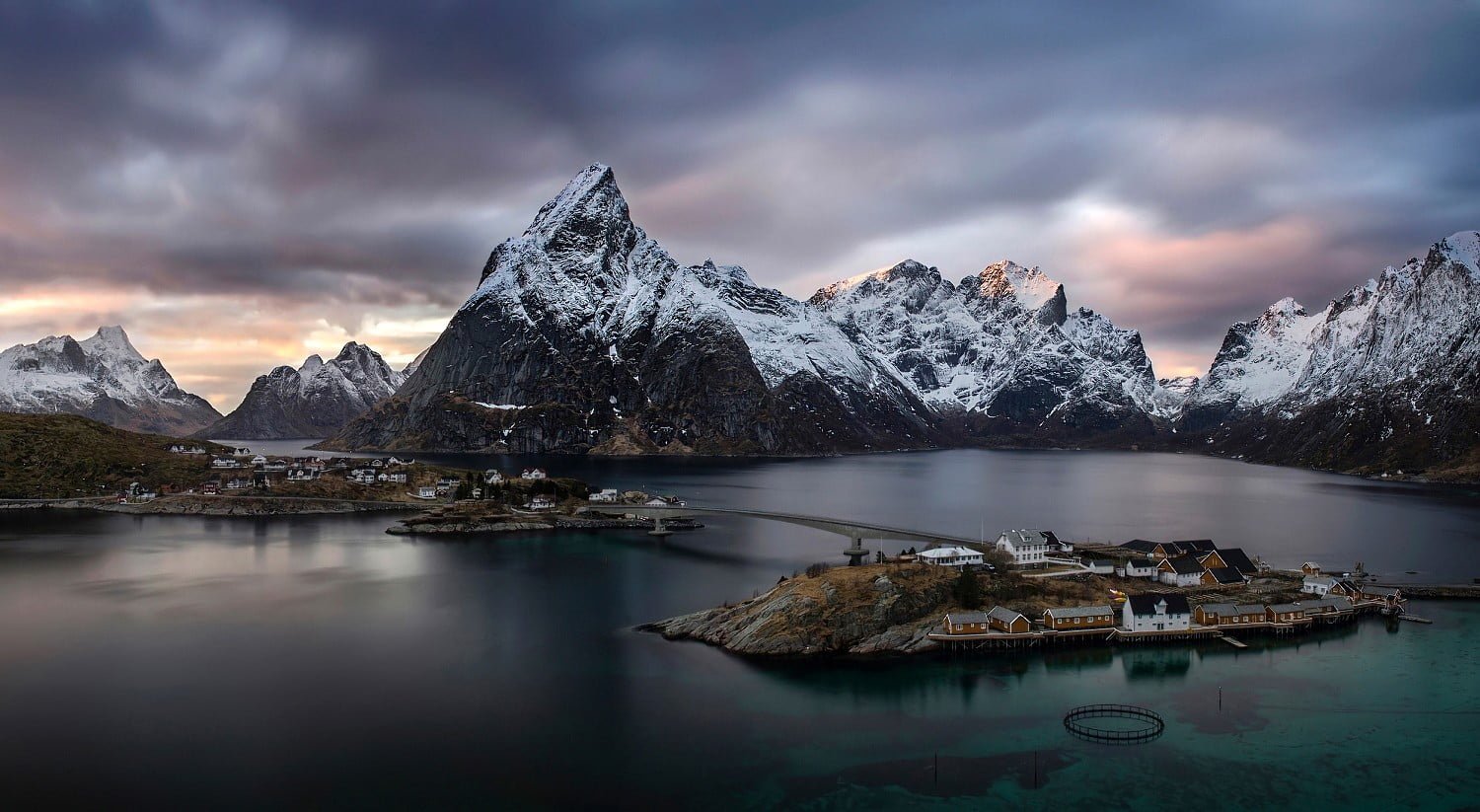 snowy mountain mountains town island Norway Lofoten bridge 2k