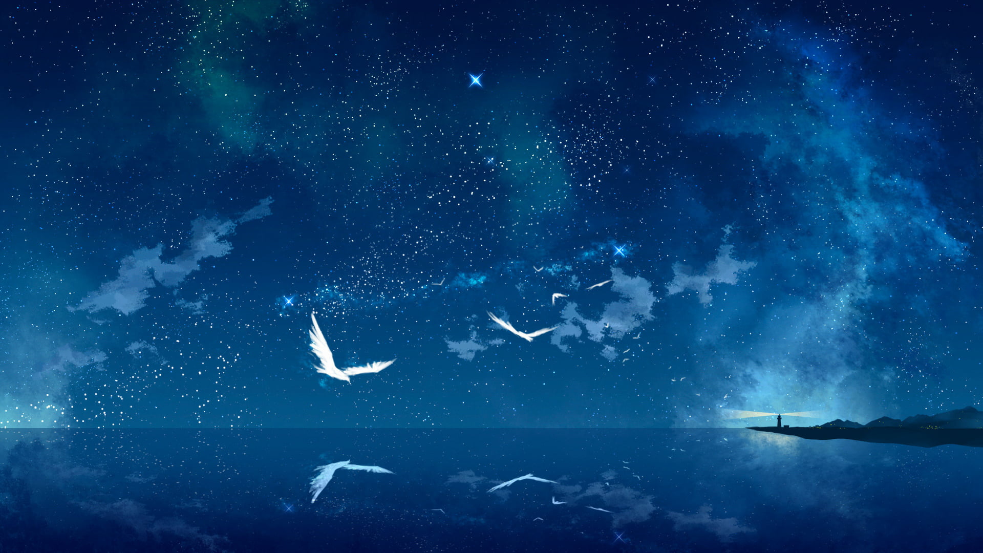birds near sea digital wallpaper anemones anime sky stars 2k