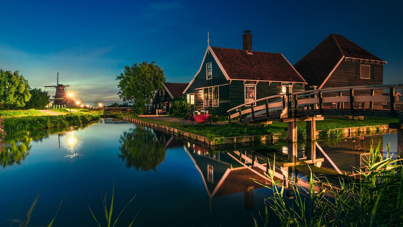 black and brown house poster nature landscape canal bridge 2k