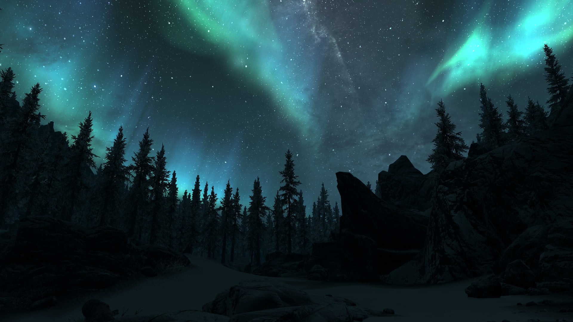 trees silhouette of pine with northern lights The Elder Scrolls V Skyrim 2k