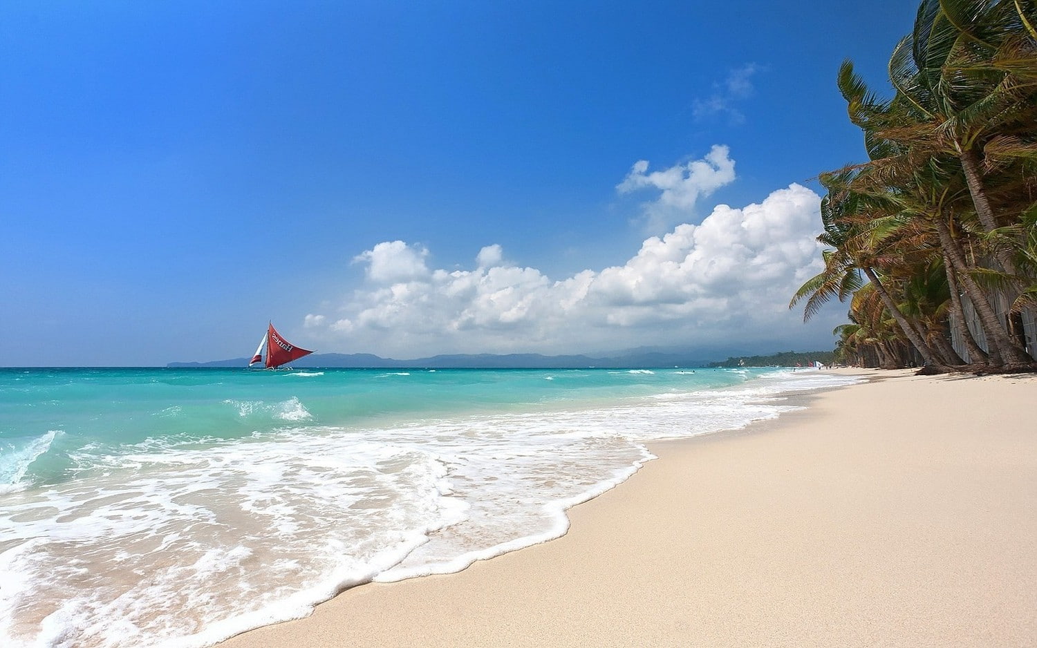 tropical sailboats beach boracay island philippines sea summer palm trees white sand clouds nature landscape 2k