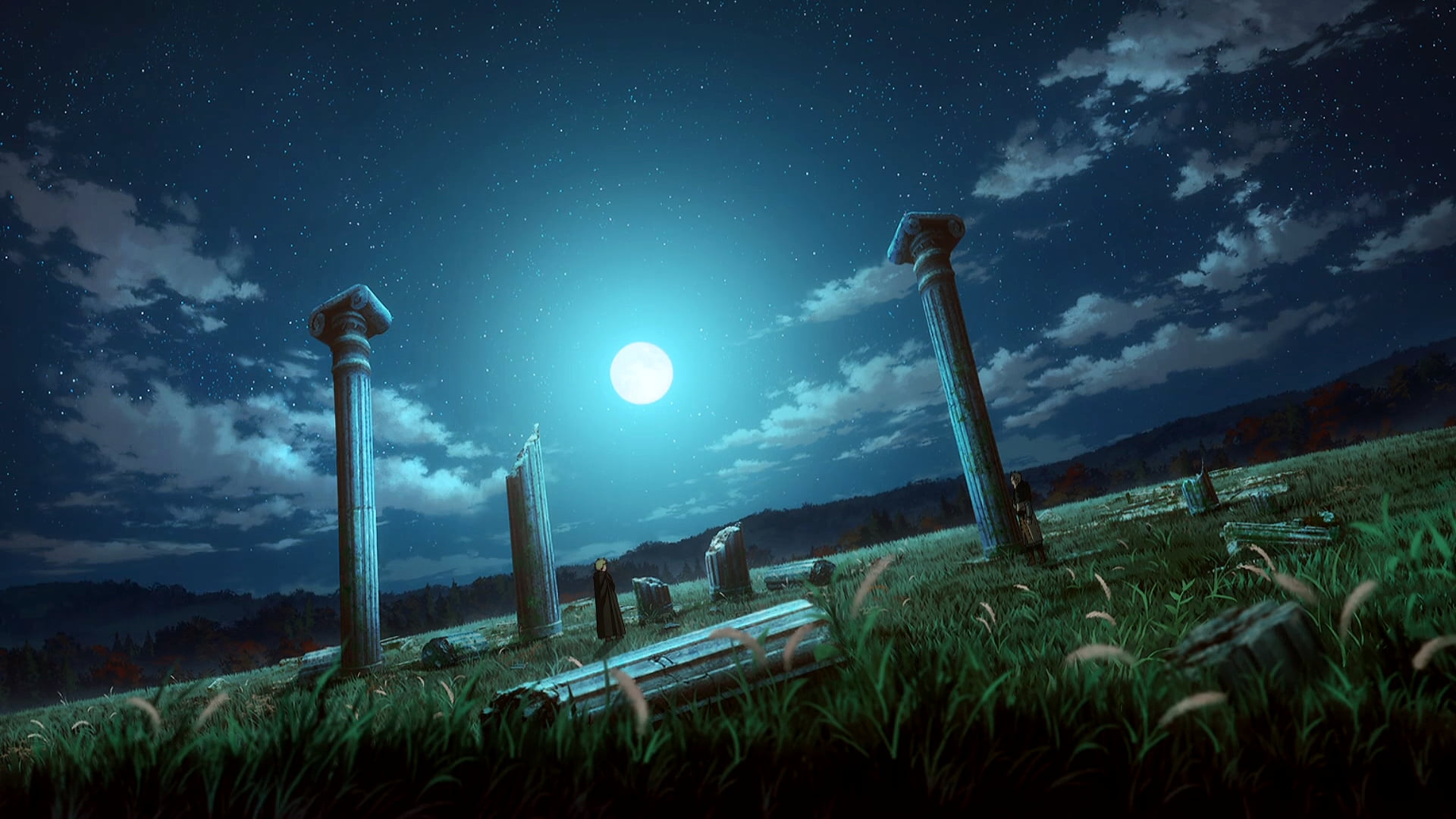 Vinland Saga landscape ruins night sky Moon stars 2k