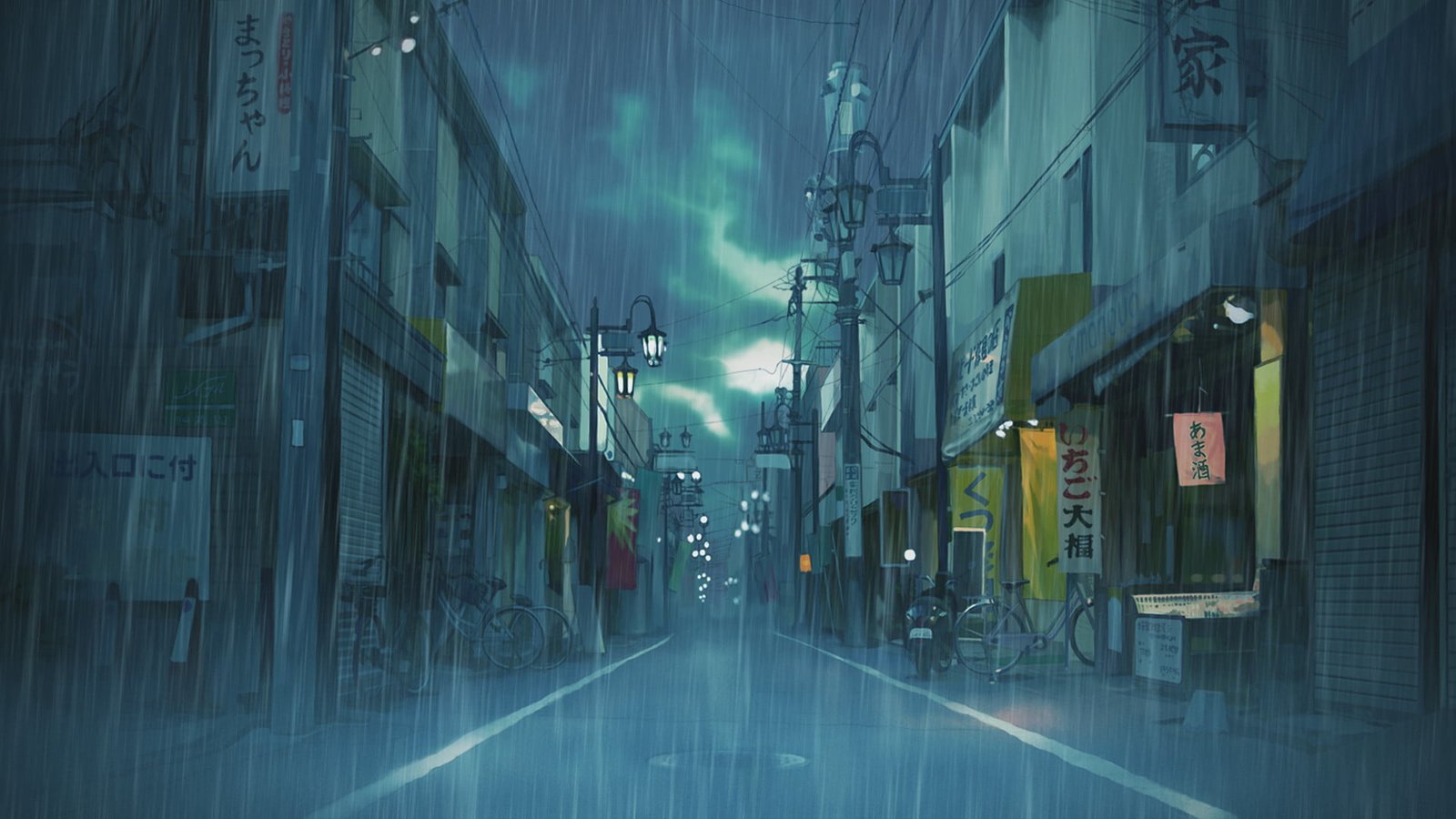 white buildings wallpaper Japan street cityscape clouds rain 2k
