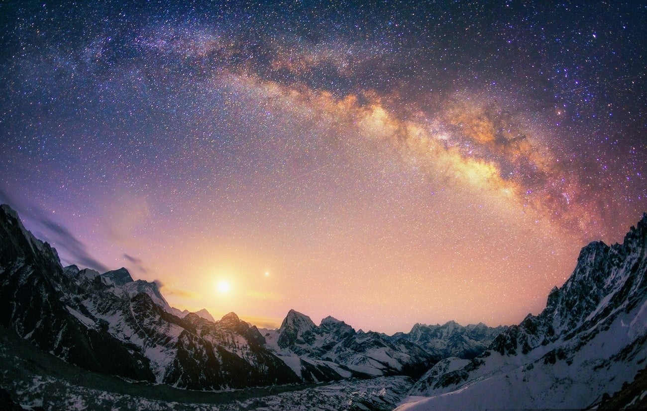 white mountain under starry night landscape nature Milky Way