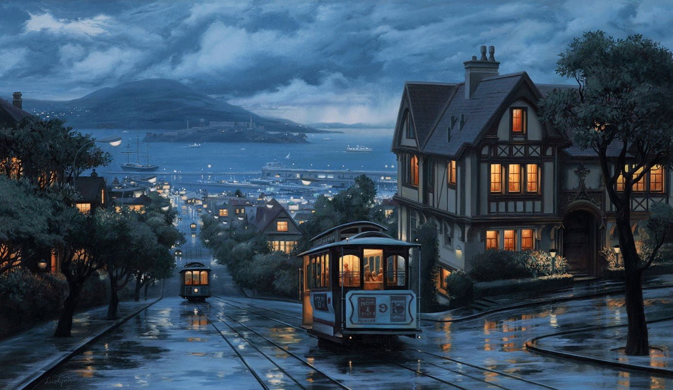 town landscape city coast street San Francisco rain architecture