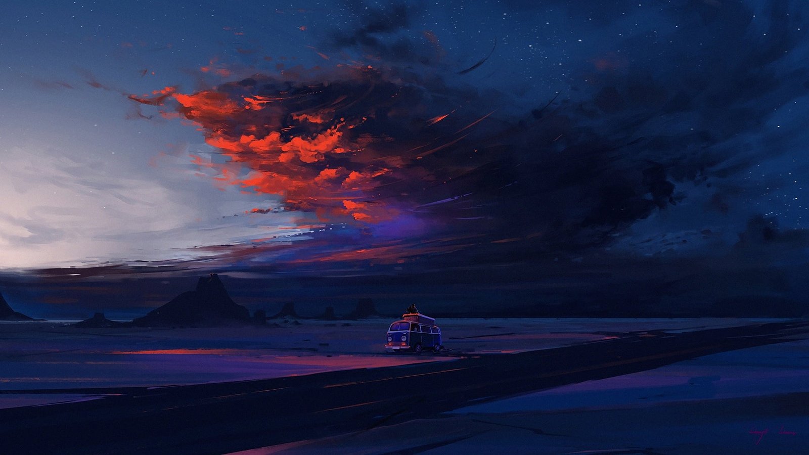 twilight road sky desert landscape nature sunset night 2k