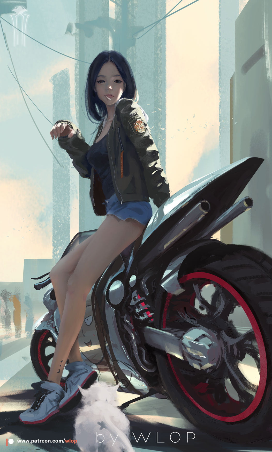 woman sitting on sports bike illustration WLOP anime girls