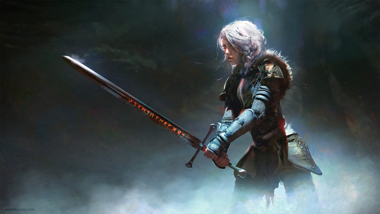 women cirilla fiona elen riannon sword armor lights dark mist the witcher 2k
