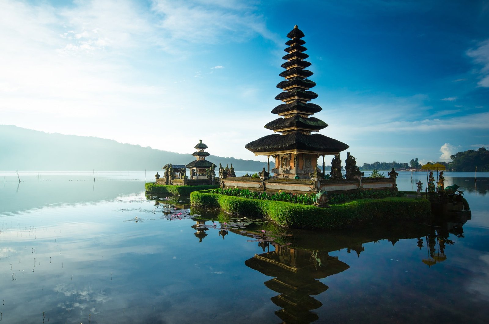 brown temple photography water reflection Bali plants leaves 2k