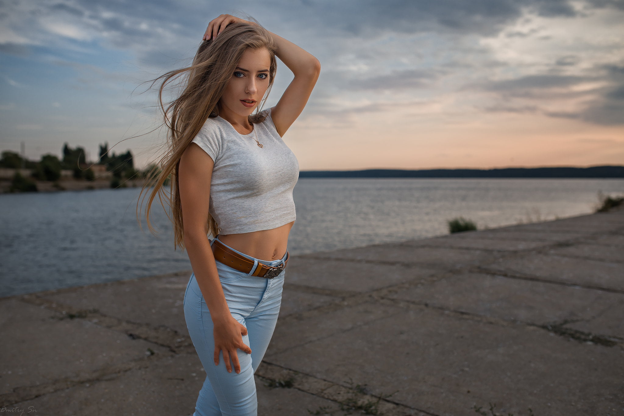 women portrait blonde blue eyes open mouth white tops 2k