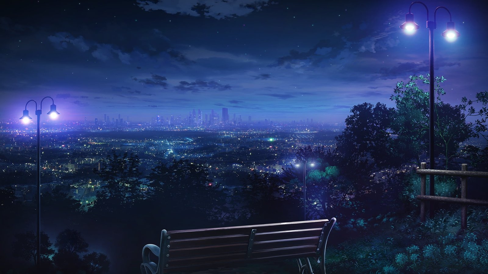 brown wooden bench night city lights cityscape anime lantern 2k
