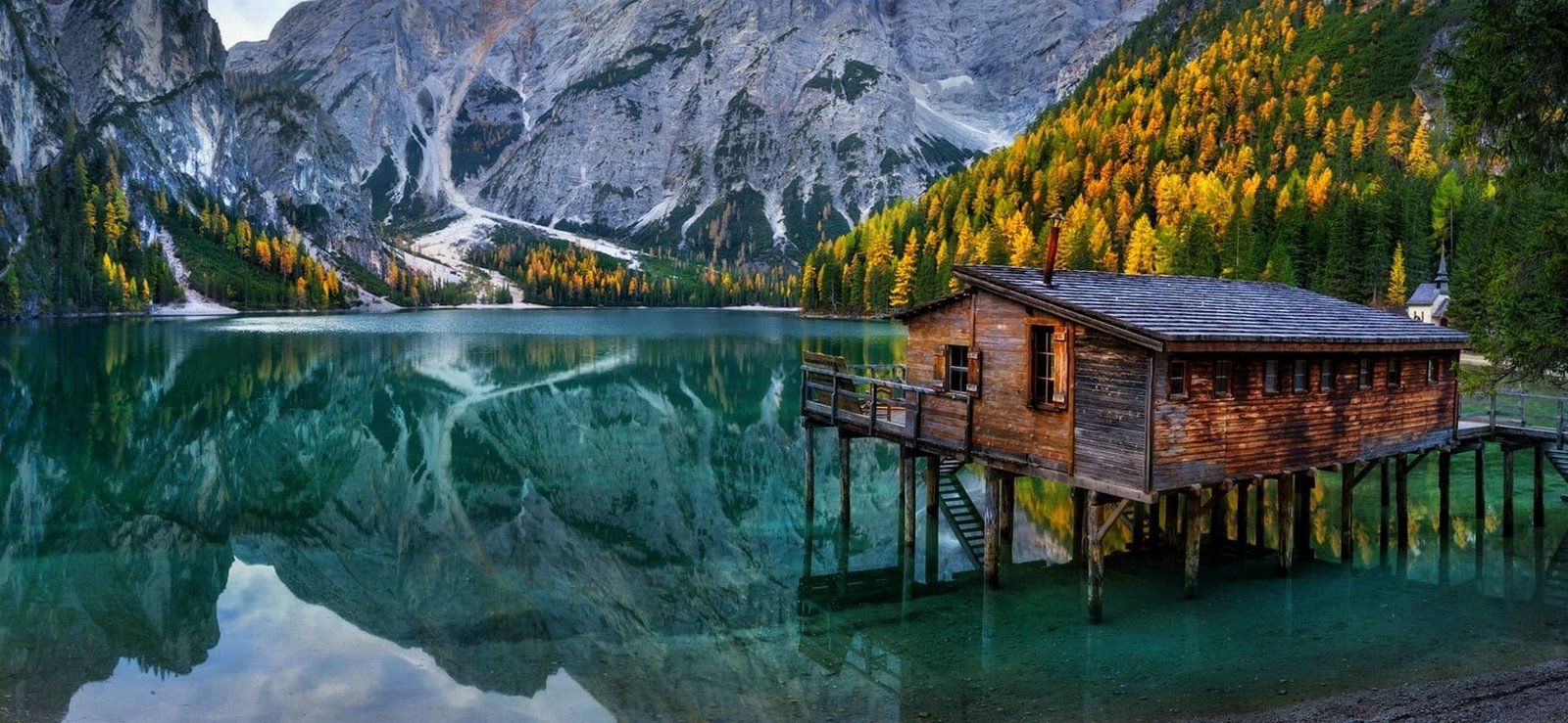 brown wooden cabin nature landscape lake mountains chapel 2k