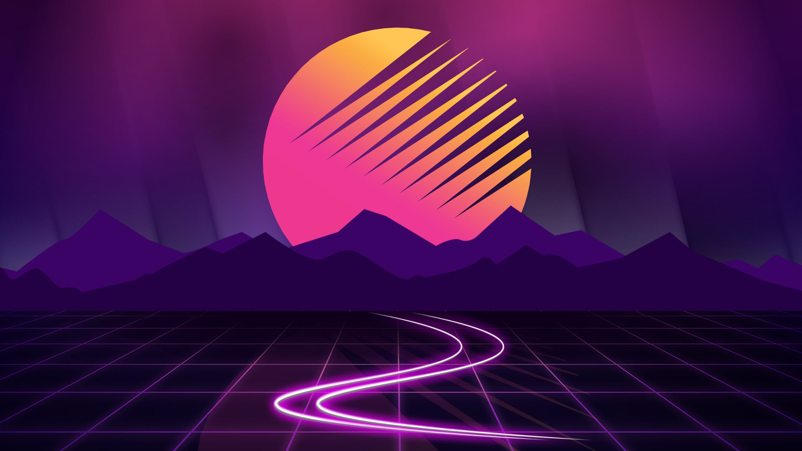 white and pink LED light Retrowave vaporwave purple dark background 2k