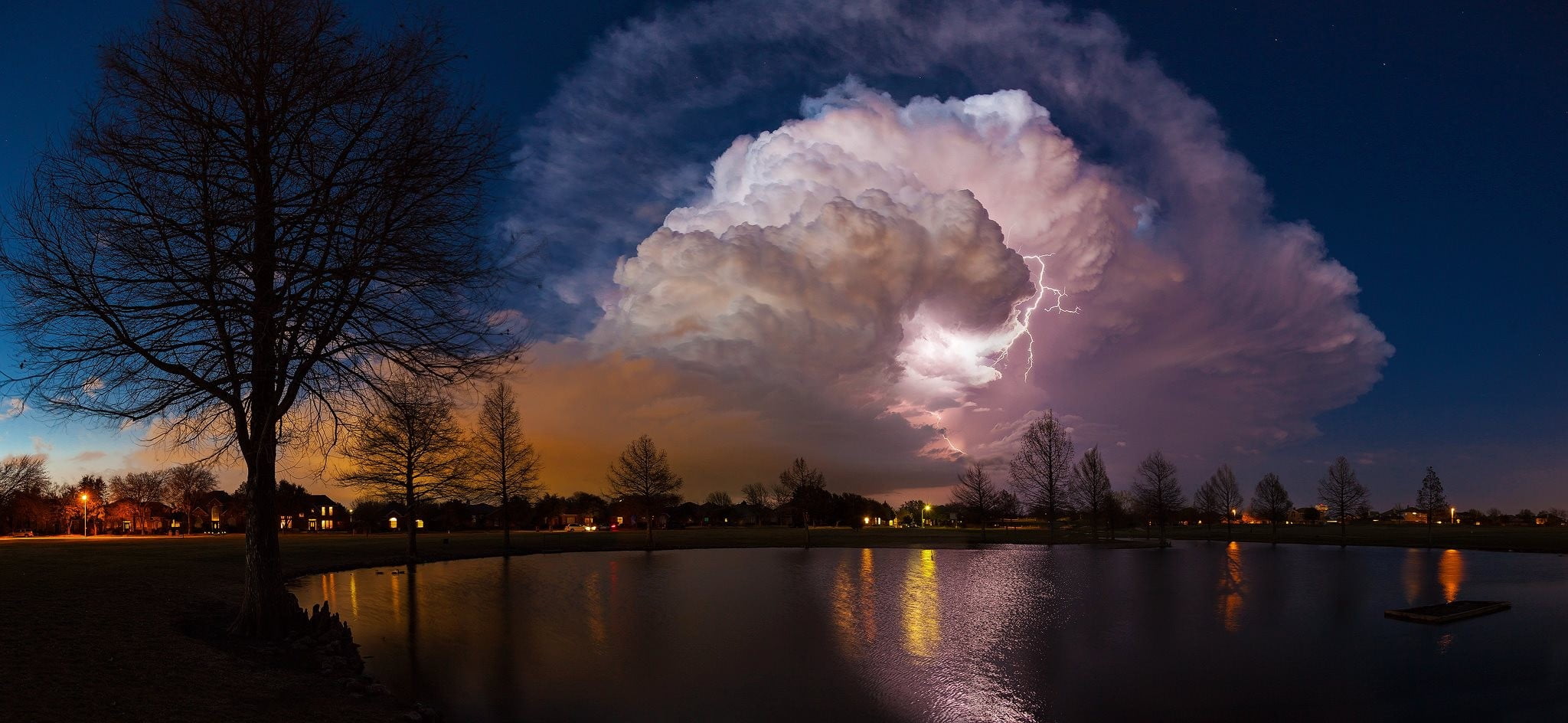 cloud scenery pond storm lightning nature landscape sky 2k