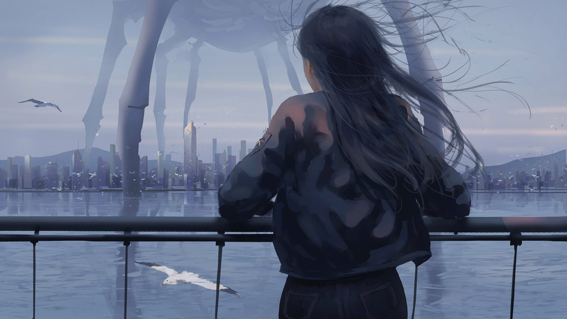 woman leaning on railing wallpaper digital art artwork women 2k