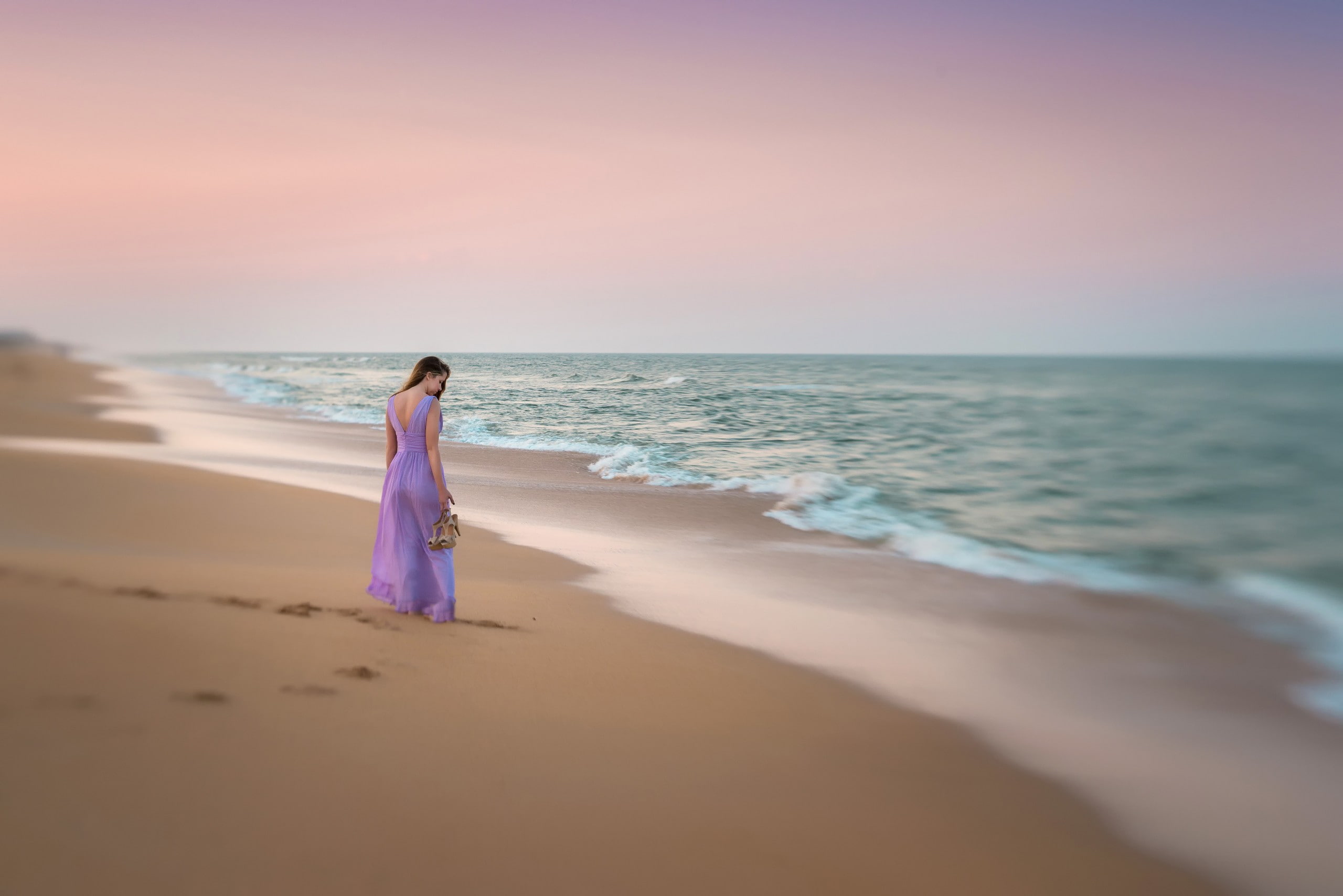 women beach on brunette purple dresses barefoot 2k