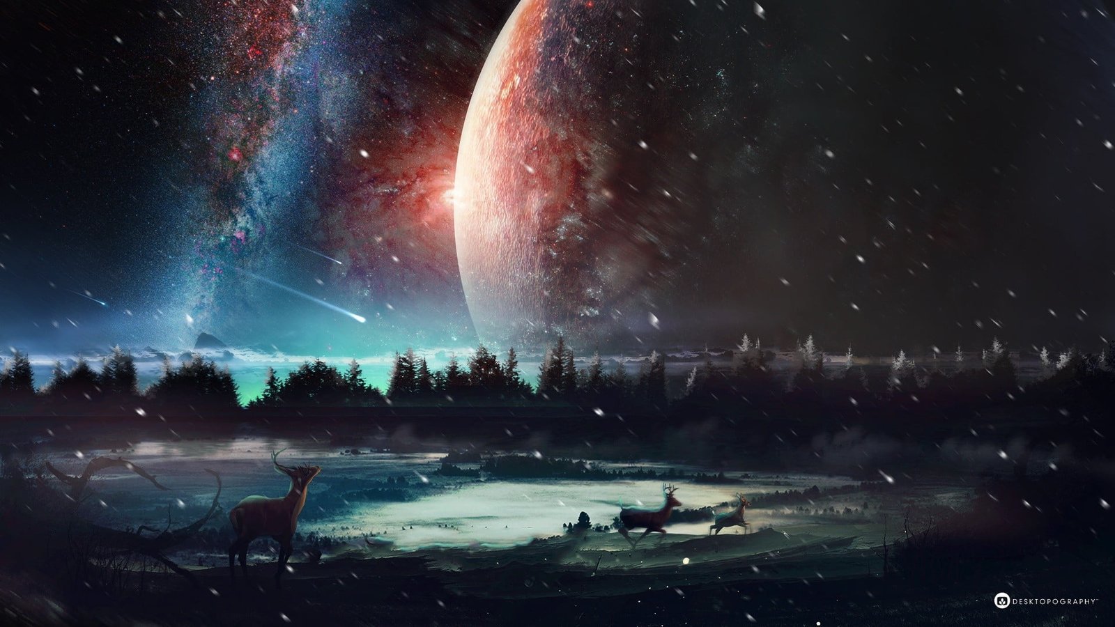 deer near tree digital wallpaper brown on black soil below gray planet painting 2k
