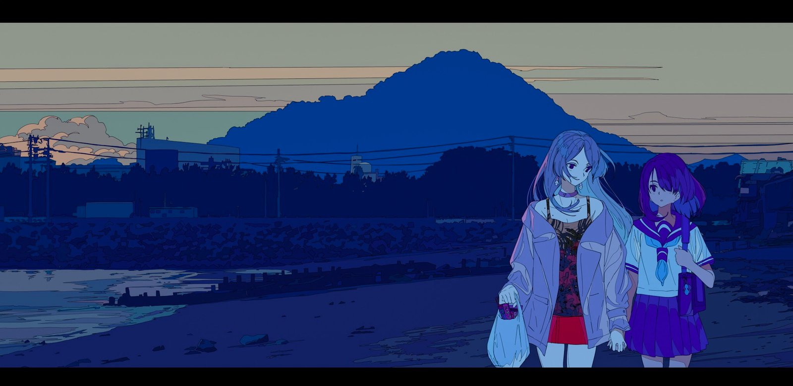 anime girls mountain top beach winter cold temperature 2k