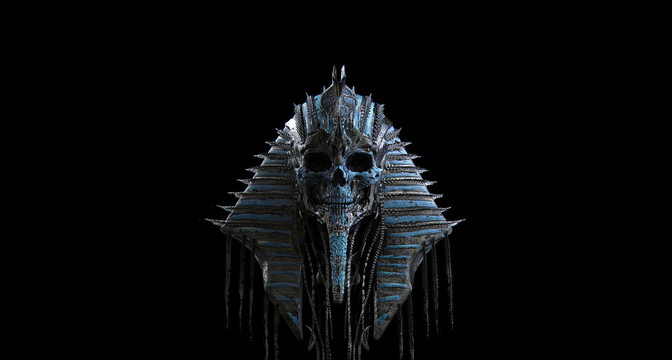 Egyptian Pharaoh skull wallpaper death copy space black background 2k
