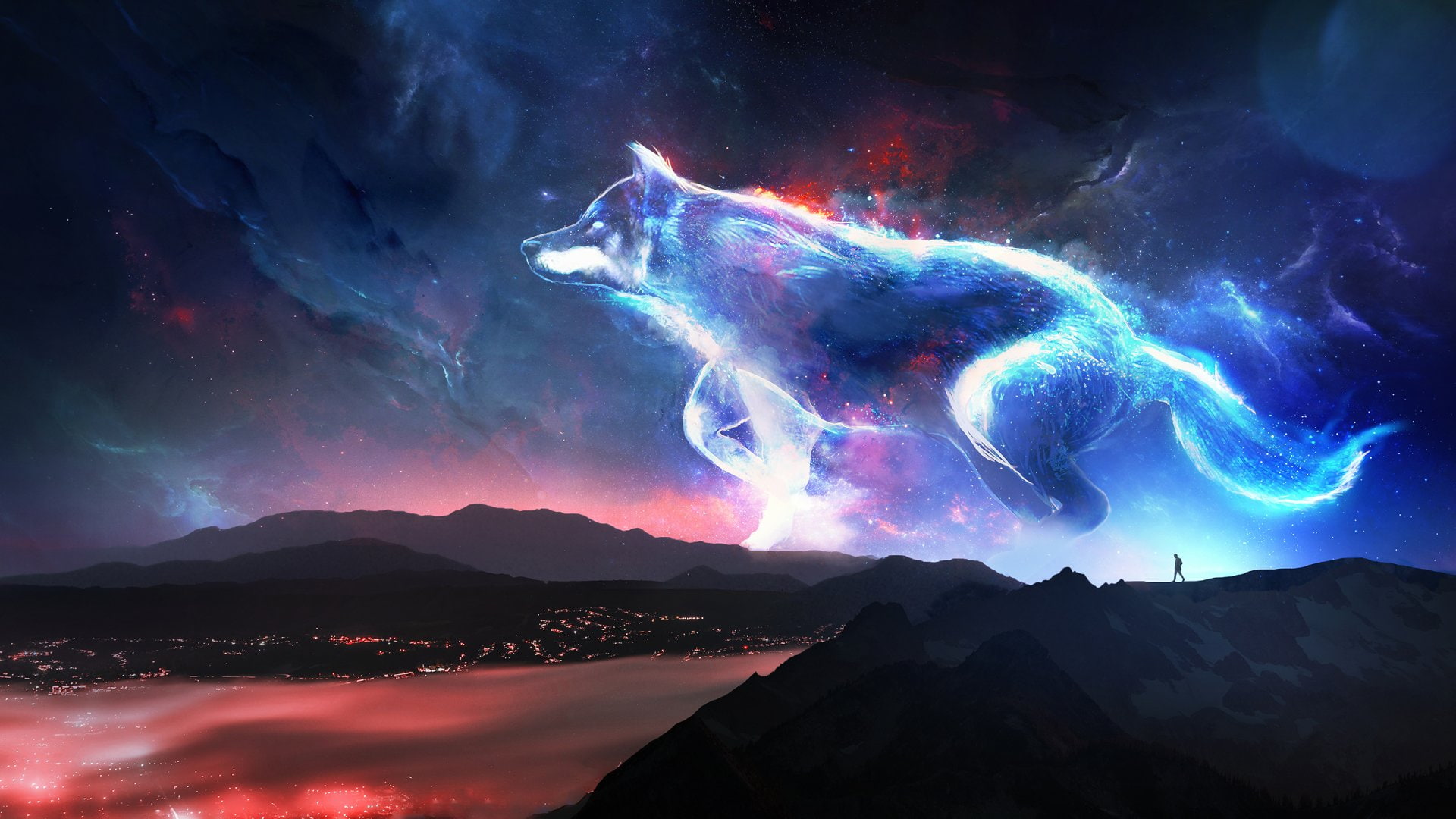 Fantasy Animals Wolf Landscape Night Spirit 2k