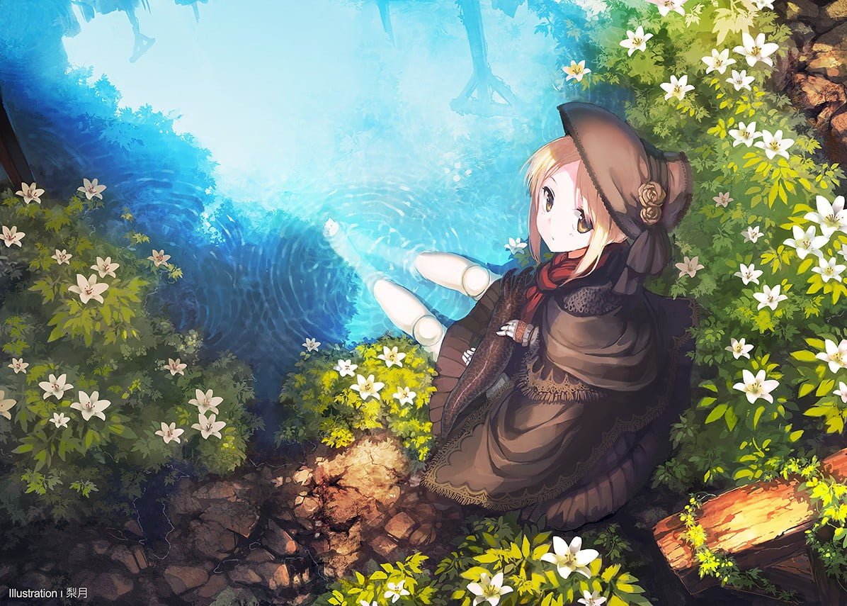 female anime character on pond girls water nature original characters