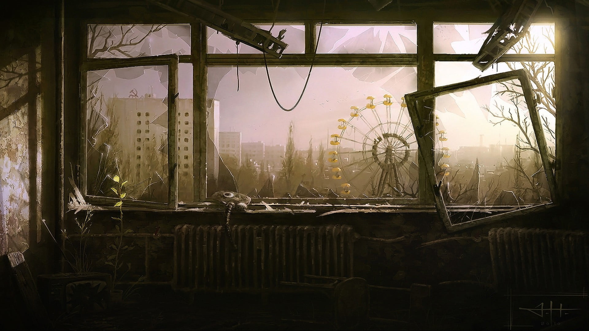 ferris wheel wallpaper artwork Chernobyl abandoned broken glass 2k