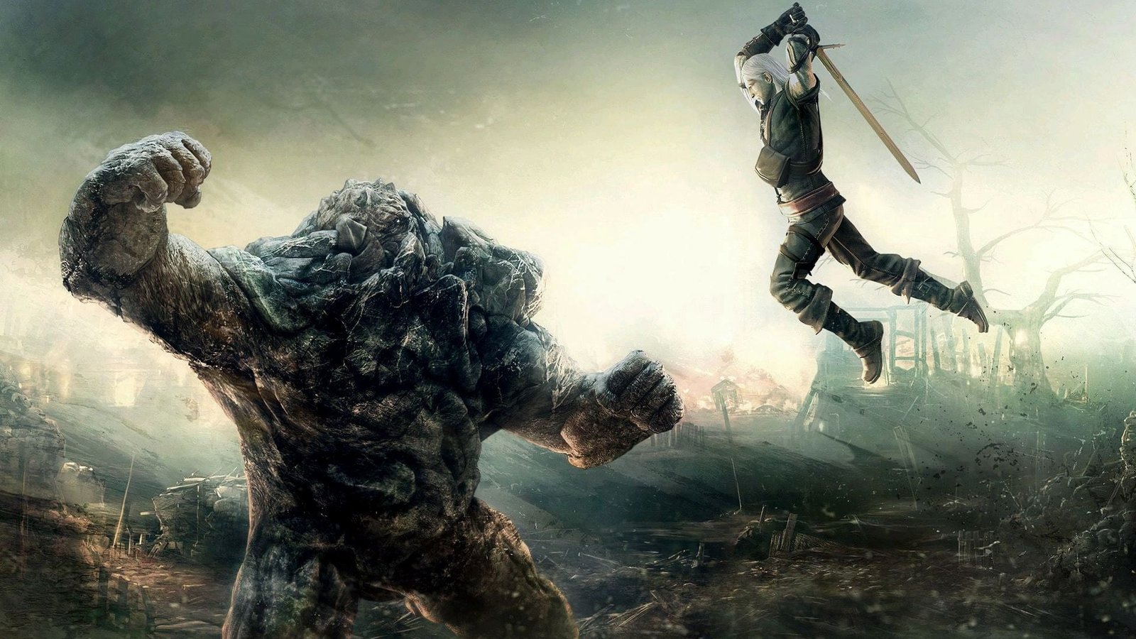 game application wallpaper the witcher monster jump sword 2k