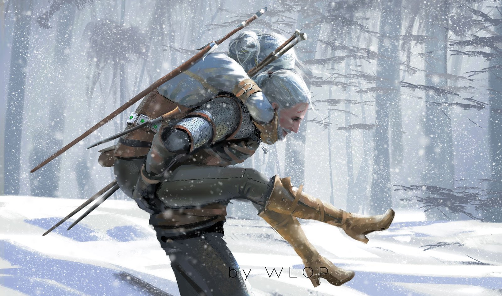 Geralt of Rivia The Witcher Cirilla girls with swords WLOP 2k