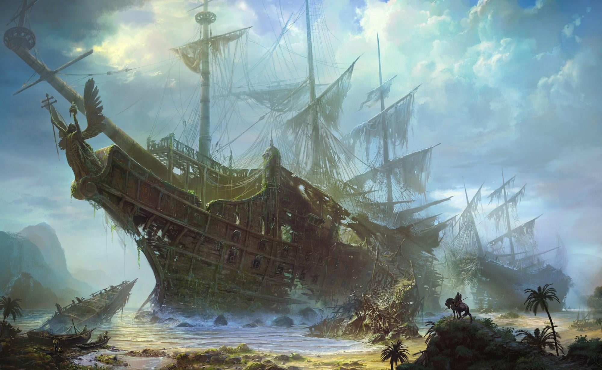 ghost ship illustration ships old wreckage beach sea sky 2k