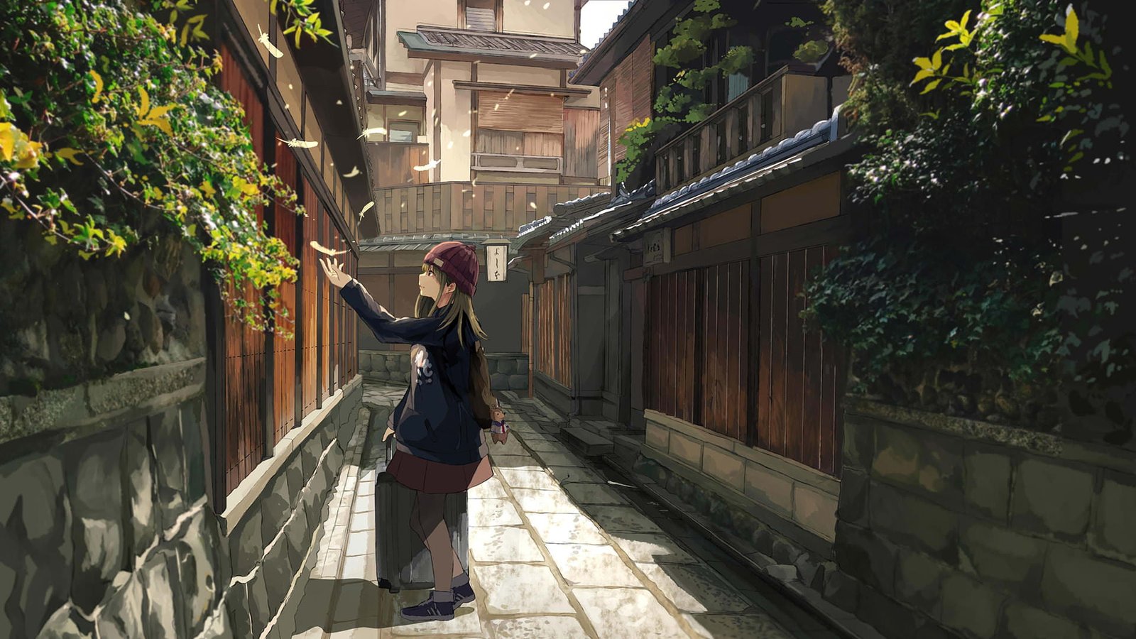 girl holding luggage raising her left hand anime digital wallpaper 2k