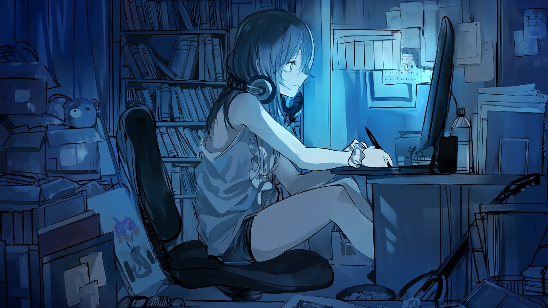 girl using computer anime character Headphones Original Anime 2k
