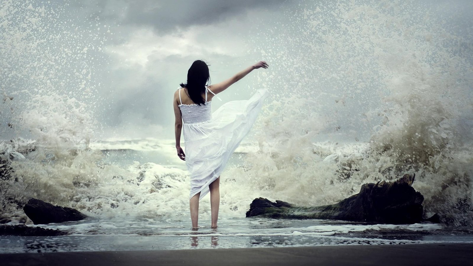 Girl beautiful white skirt back beach waves mood 2k