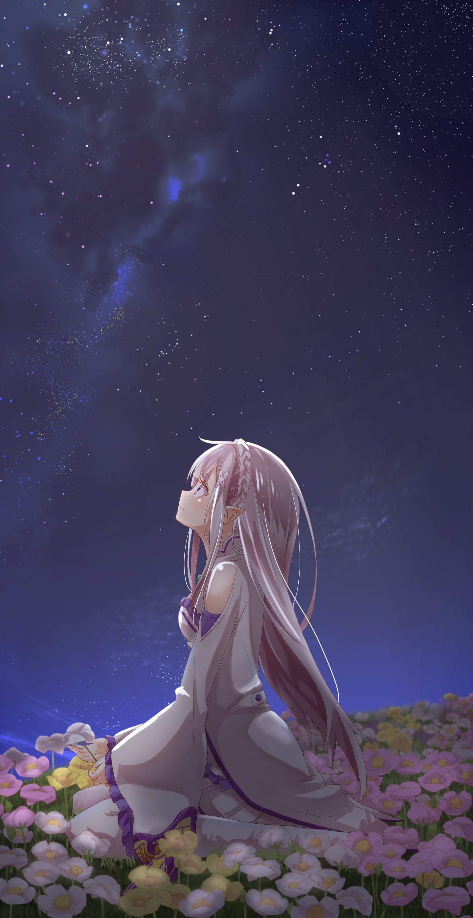 gray haired female anime character Emilia Re Zero landscape 2k