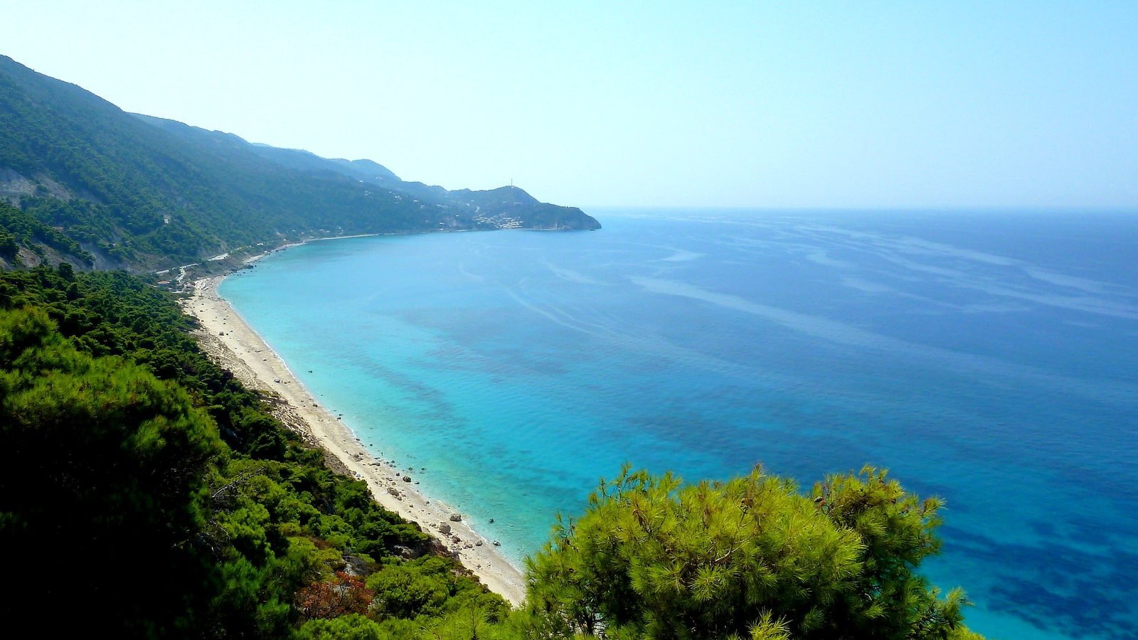 Greece Lefkada cyan beach horizon sea water waves landscape 2k