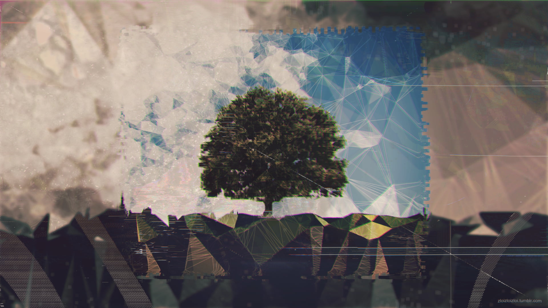 green leafed tree illustration glitch art noise abstract landscape 2k