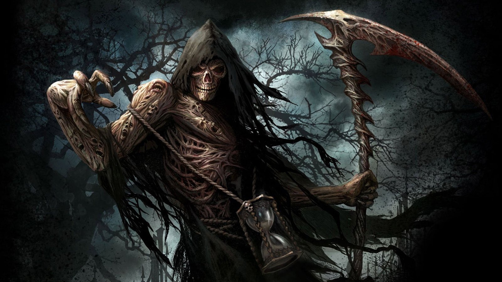 Grim Reaper illustration undead fantasy art skull hourglasses 2k