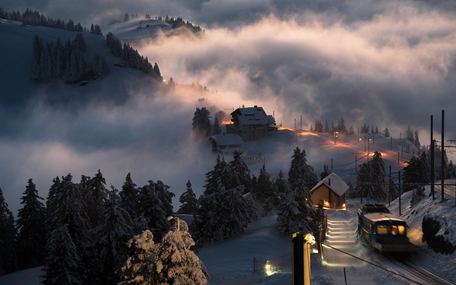 Landscape Nature Switzerland Sunset Snow Village Train Mist Trees Winter Hill 2k